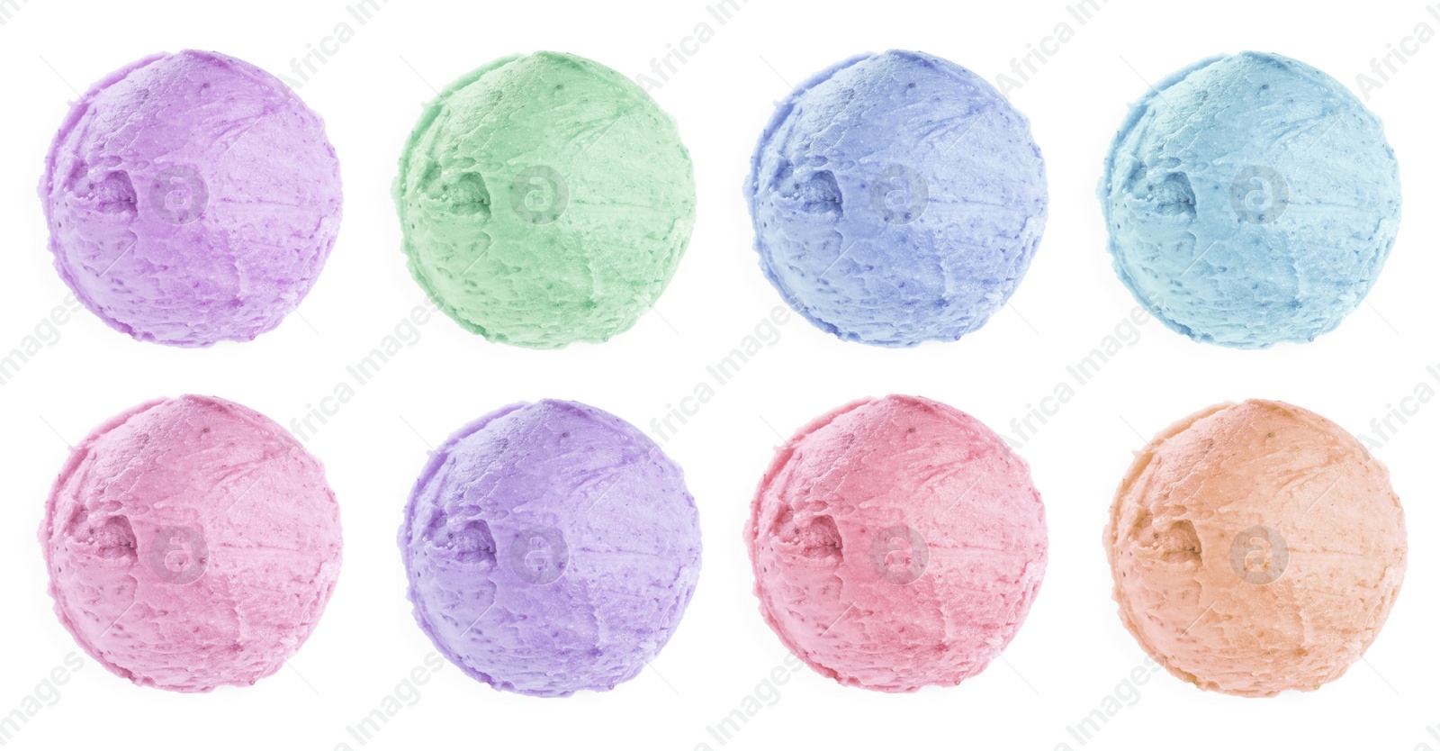 Image of Set of ice cream scoops of different colors and flavors isolated on white, top view