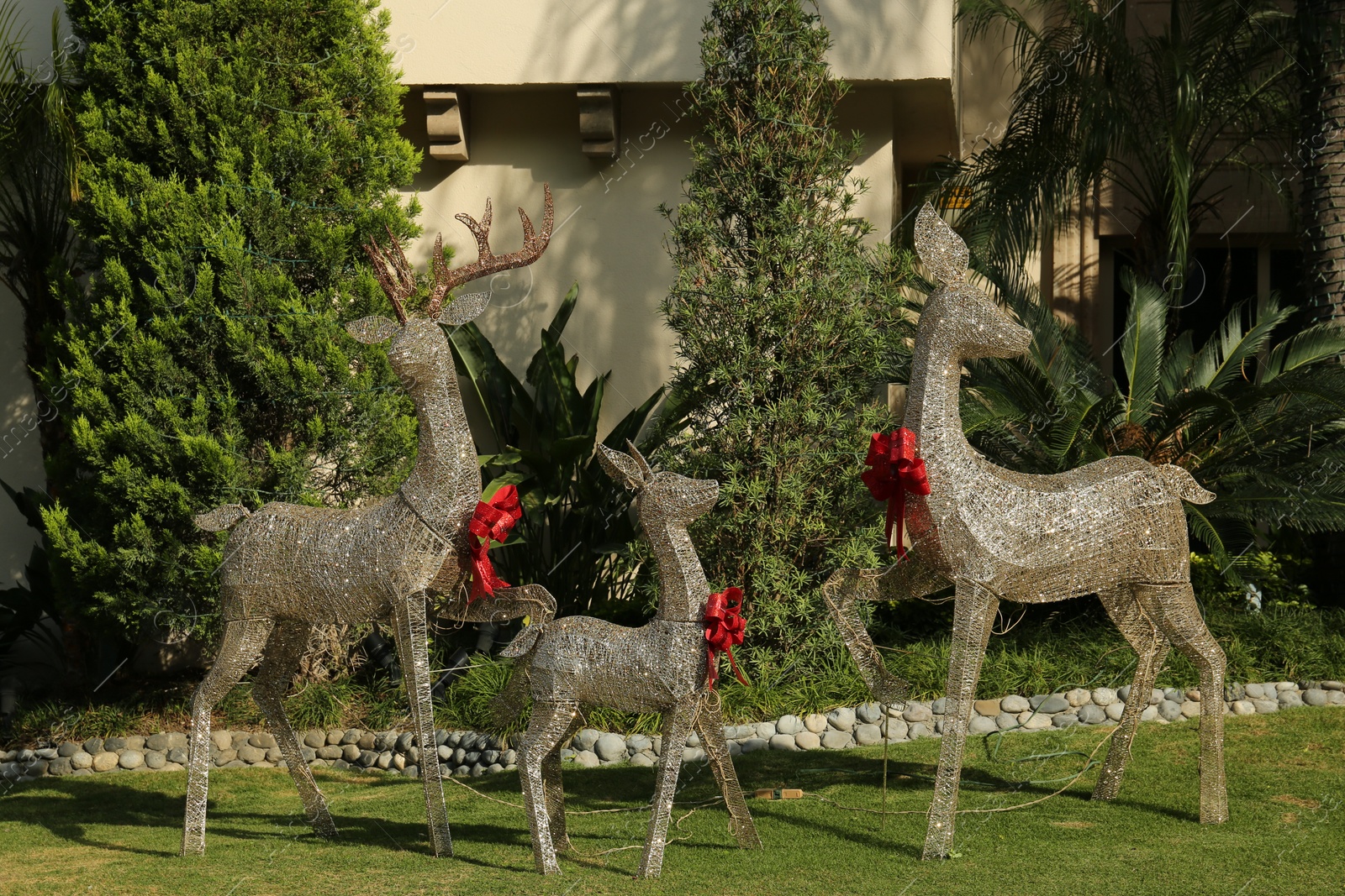 Photo of Funny reindeers with red bows near house. Festive outdoor Christmas decoration