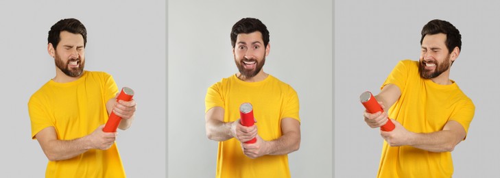 Image of Collage with photos of emotional man blowing up party popper on light gray background