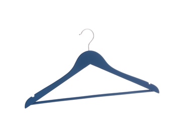 Photo of Empty hanger on white background. Wardrobe accessory