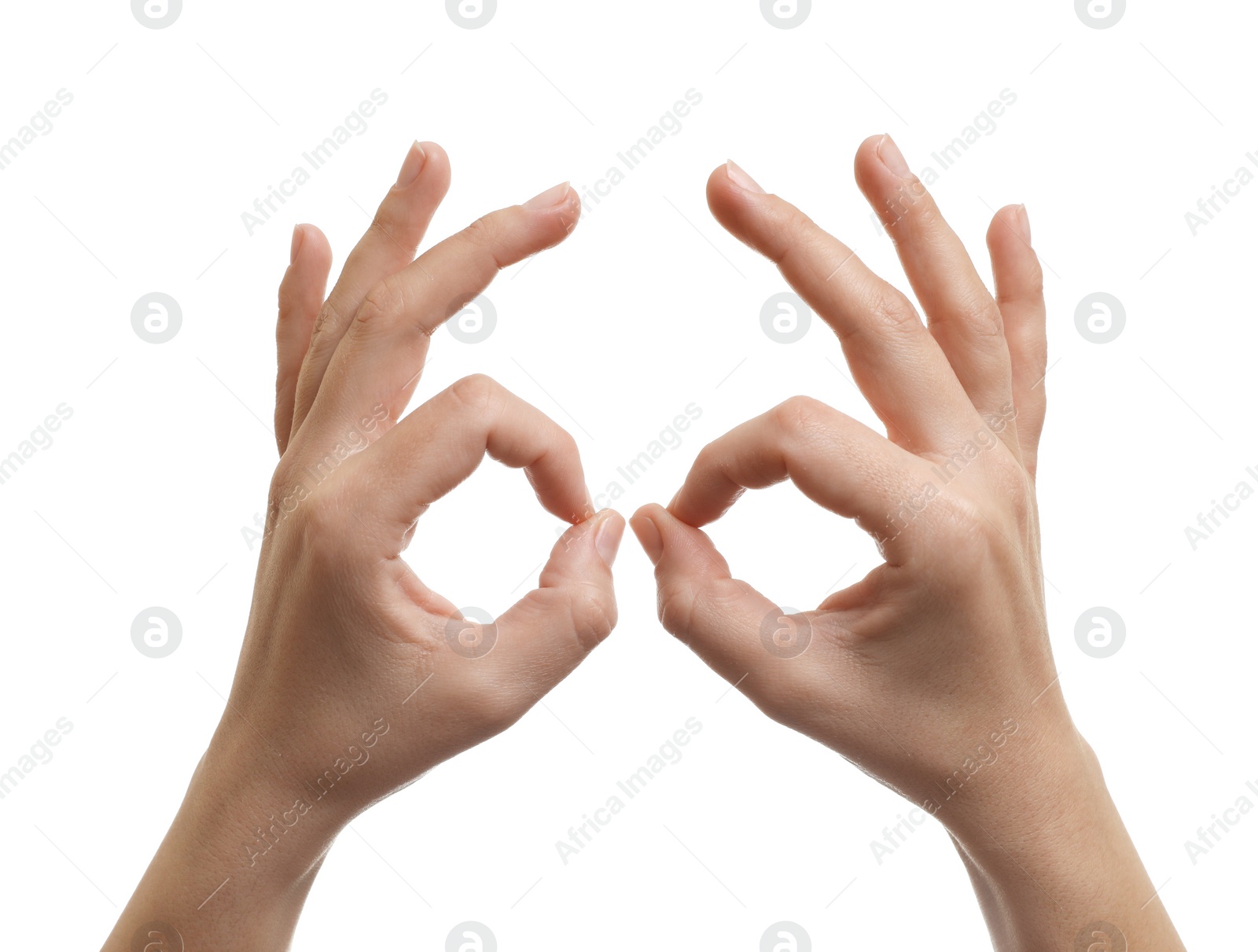 Photo of Woman holding something in hands on white background, closeup