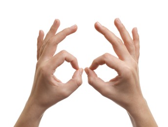 Photo of Woman holding something in hands on white background, closeup