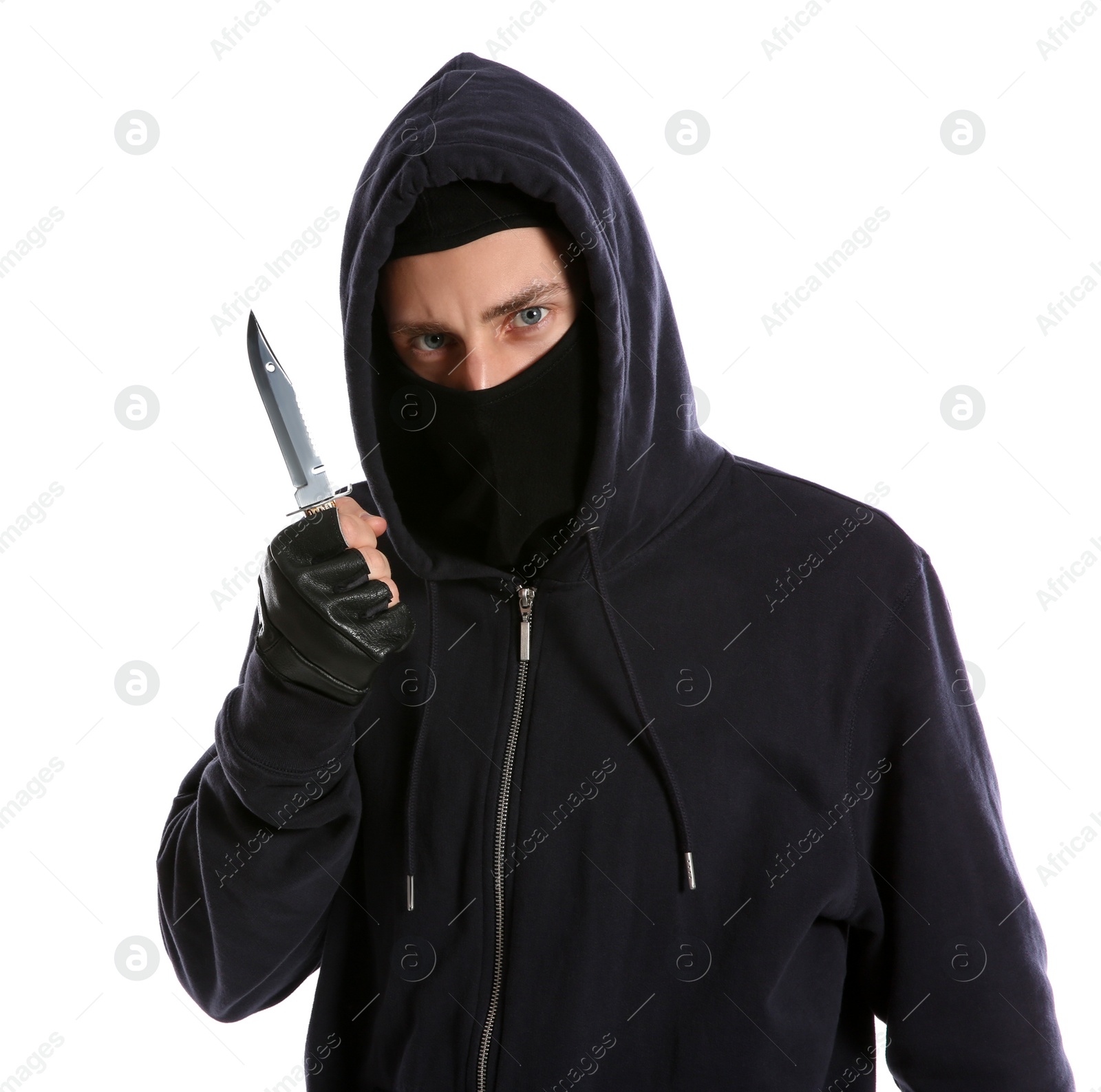 Photo of Man in mask with knife on white background. Dangerous criminal