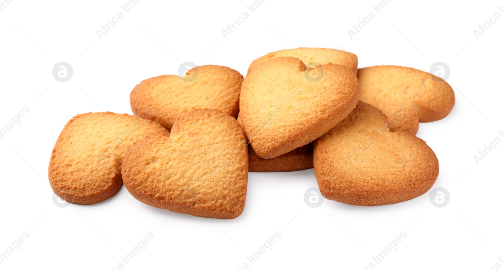 Photo of Tasty heart shaped Danish butter cookies isolated on white