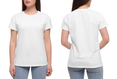 Image of Woman wearing casual t-shirt on white background, closeup. Collage with back and front view photos. Mockup for design