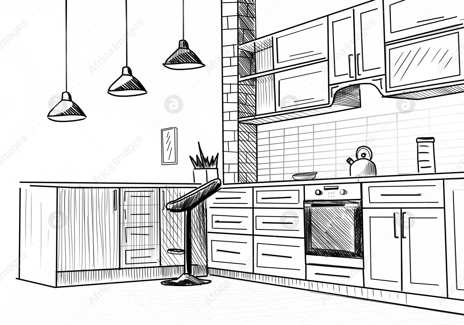 Image of Stylish kitchen interior in apartment. Illustrated interior design