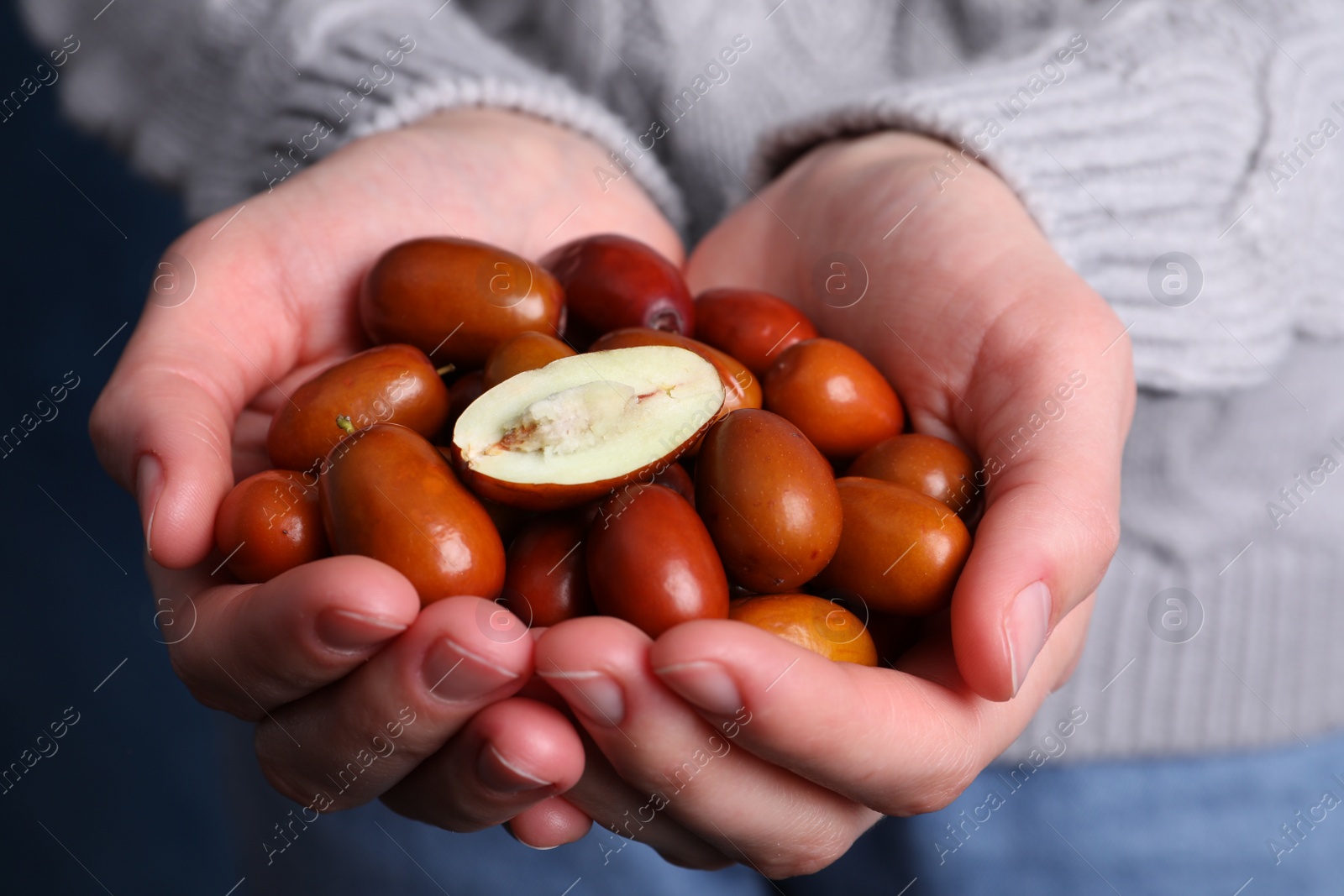 Photo of Woman with handful of fresh Ziziphus jujuba fruits, closeup