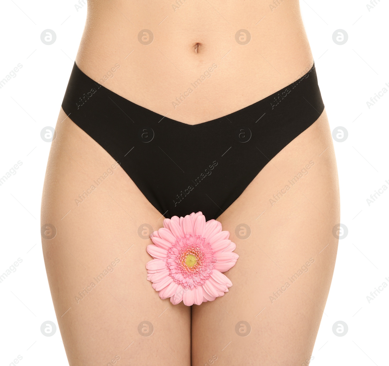 Photo of Gynecology. Woman in underwear with gerbera flower on white background, closeup