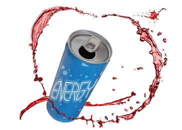 Image of Can of energy drink with splashes on white background