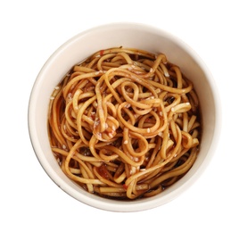 Bowl of tasty cooked noodles isolated on white, top view