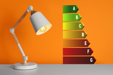 Energy efficiency rating label and lamp on grey table against orange background