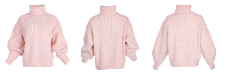 Image of Collage with stylish warm pink sweater on white background