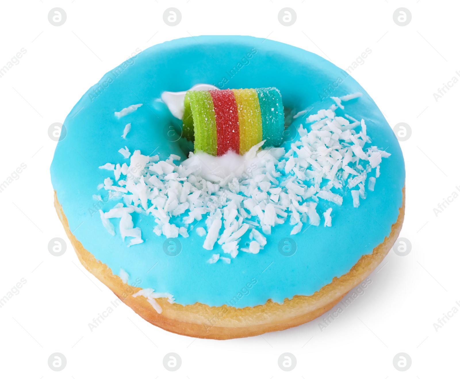 Photo of Tasty glazed donut decorated with coconut shavings and rainbow sour candy isolated on white