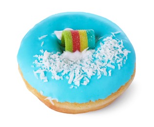 Photo of Tasty glazed donut decorated with coconut shavings and rainbow sour candy isolated on white