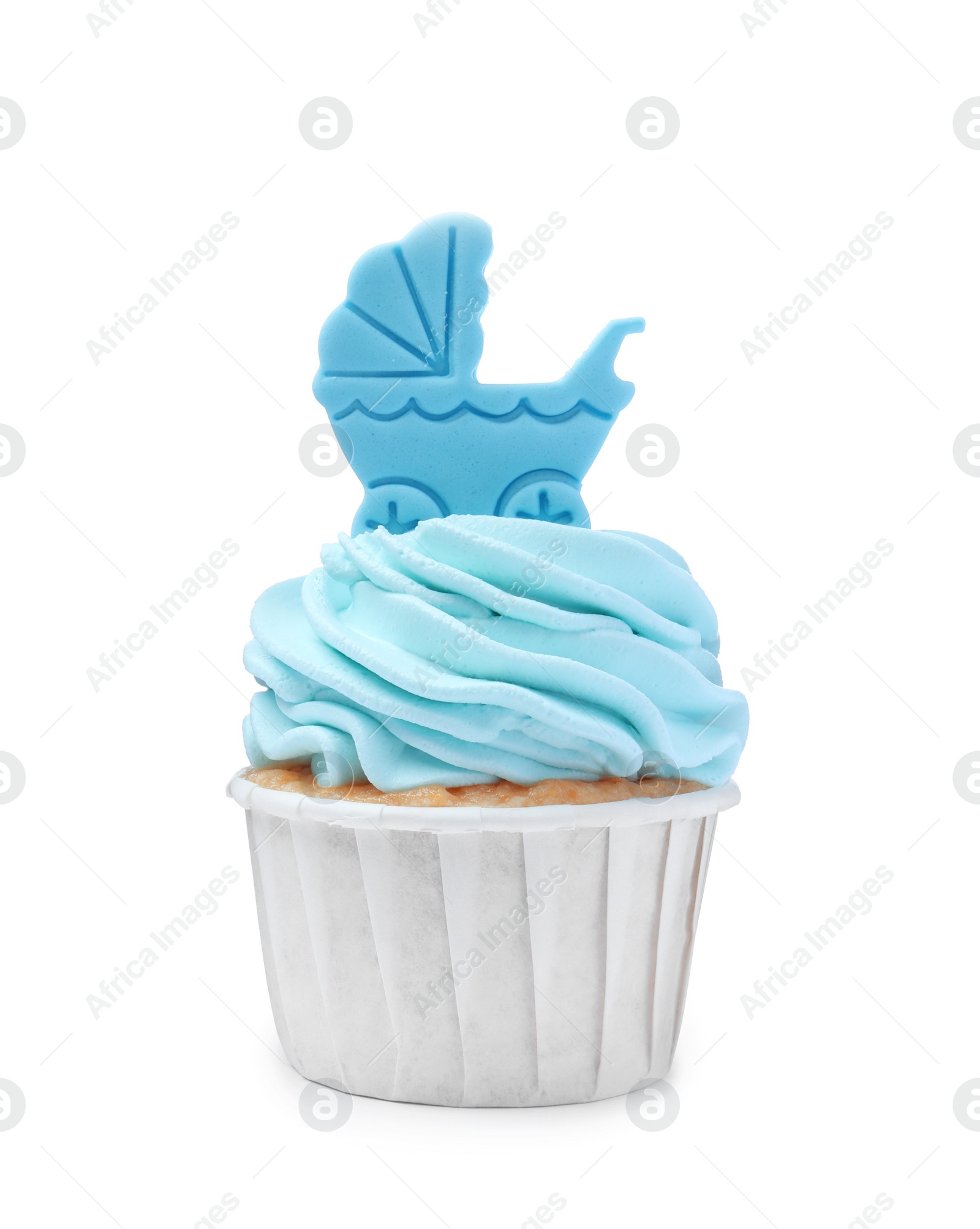 Photo of Beautifully decorated baby shower cupcake for boy with light blue cream and topper on white background