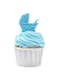 Beautifully decorated baby shower cupcake for boy with light blue cream and topper on white background