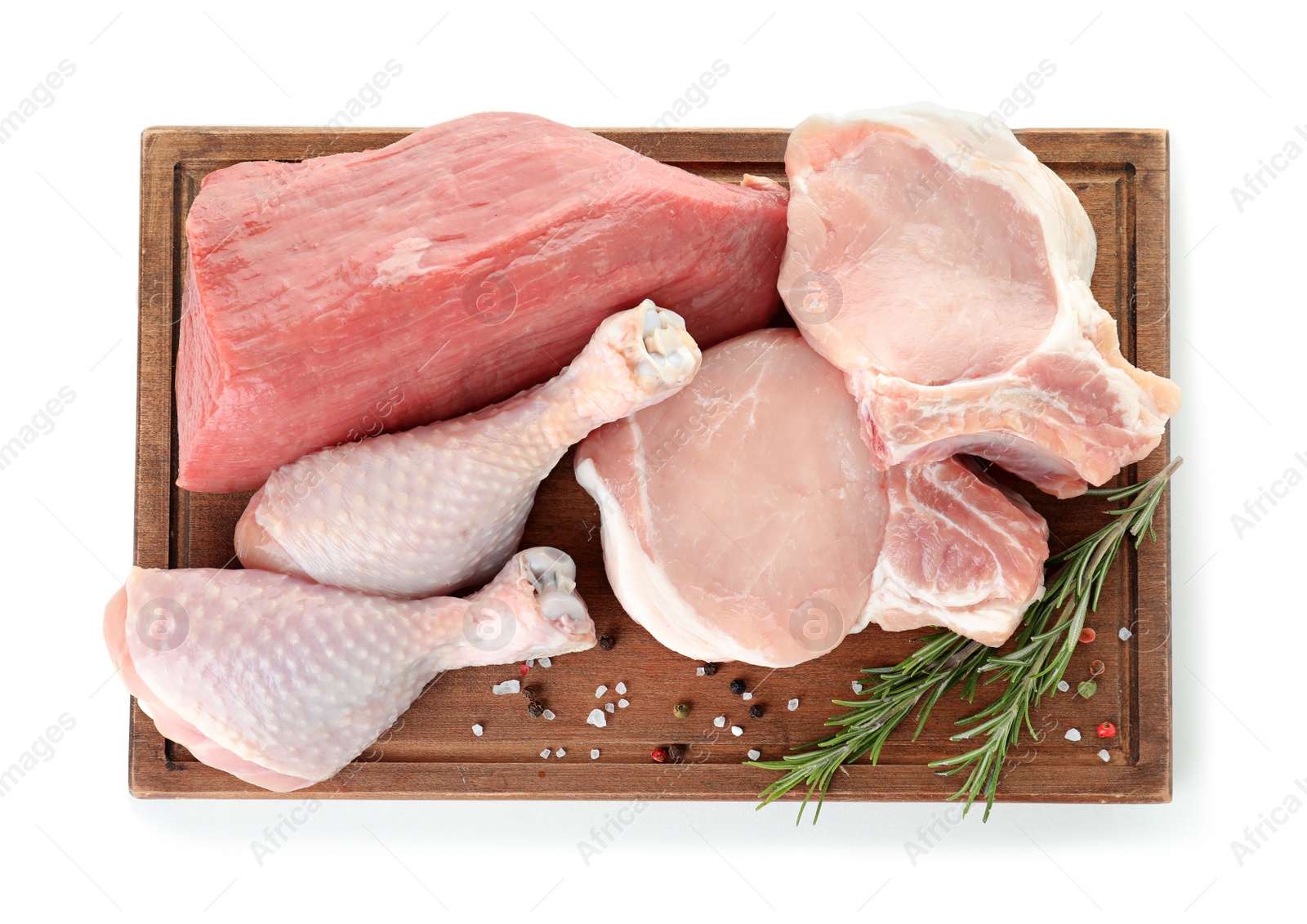 Photo of Wooden board with fresh raw meat, rosemary and spices on white background, top view