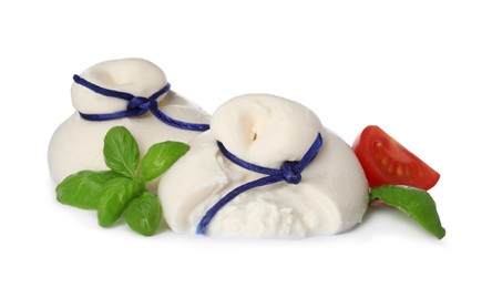 Photo of Delicious burrata cheese with basil and tomato on white background