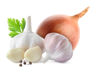 Image of Mix of fresh garlic and onion on white background
