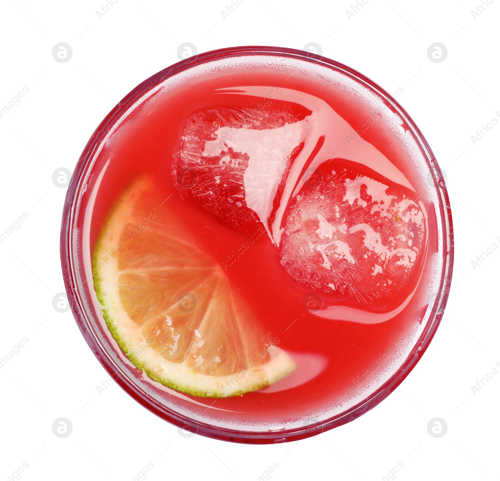 Photo of Tasty watermelon drink with slice of lime and ice cubes in glass isolated on white, top view