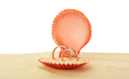 Photo of Honeymoon concept. Two golden rings in shell and sand isolated on white