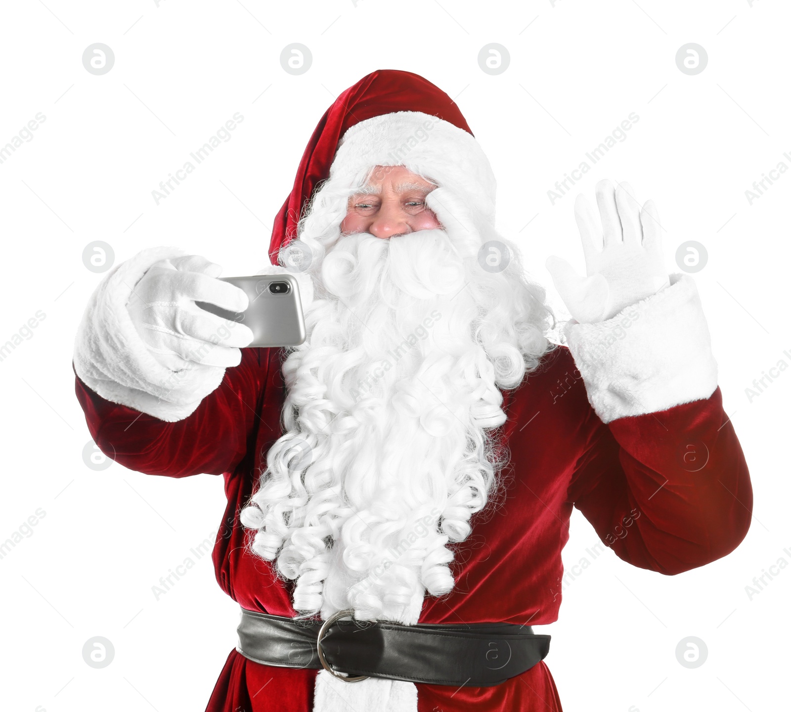 Photo of Authentic Santa Claus taking selfie on white background