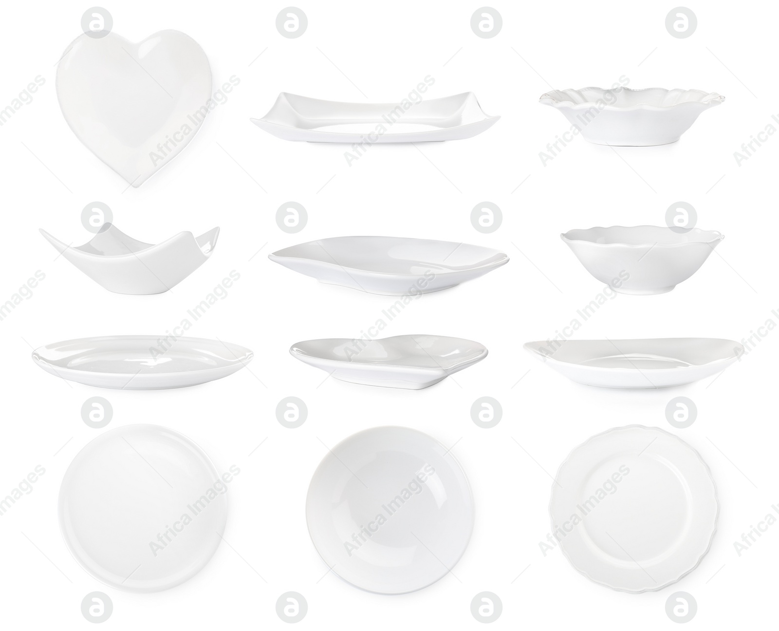 Image of Set with empty ceramic plates and bowls on white background 