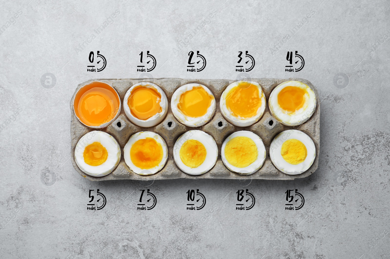 Image of Boiled chicken eggs of different readiness stages in carton on light grey table, top view