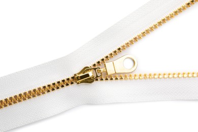 Photo of Golden zipper on white background, top view