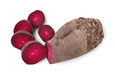 Cut red beet isolated on white, top view