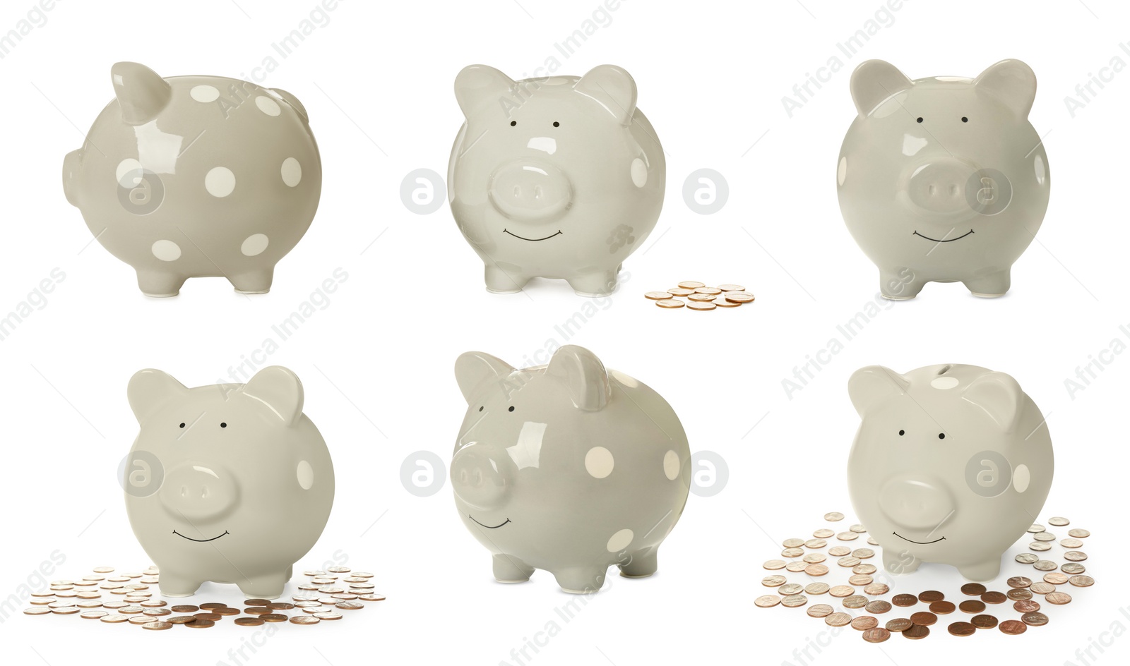 Image of Set with piggy banks on white background. Banner design