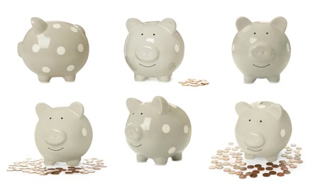 Image of Set with piggy banks on white background. Banner design