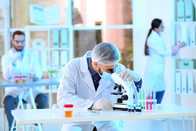 Young scientist working with microscope in laboratory. Chemical analysis