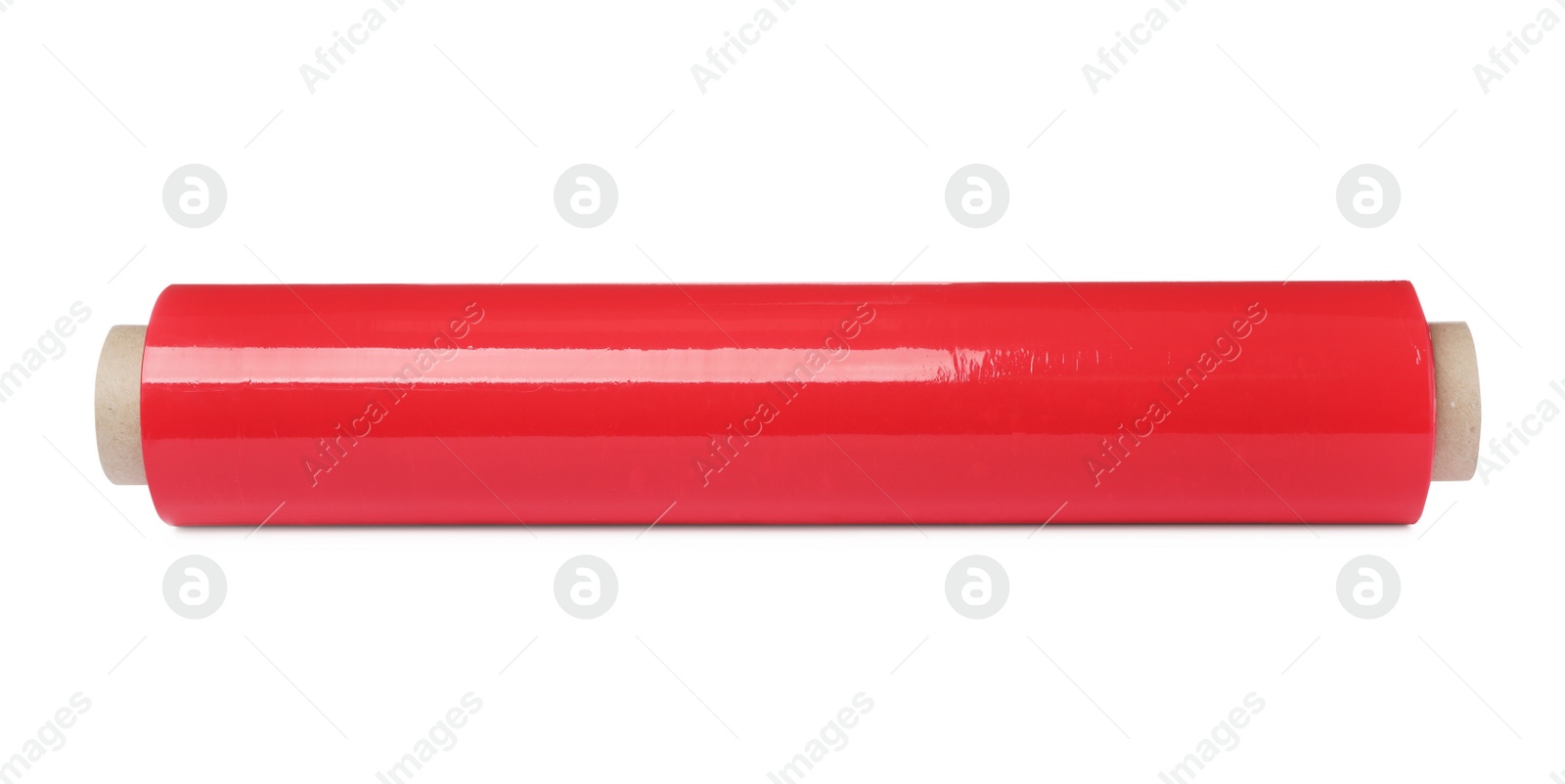 Photo of Roll of red plastic stretch wrap film isolated on white