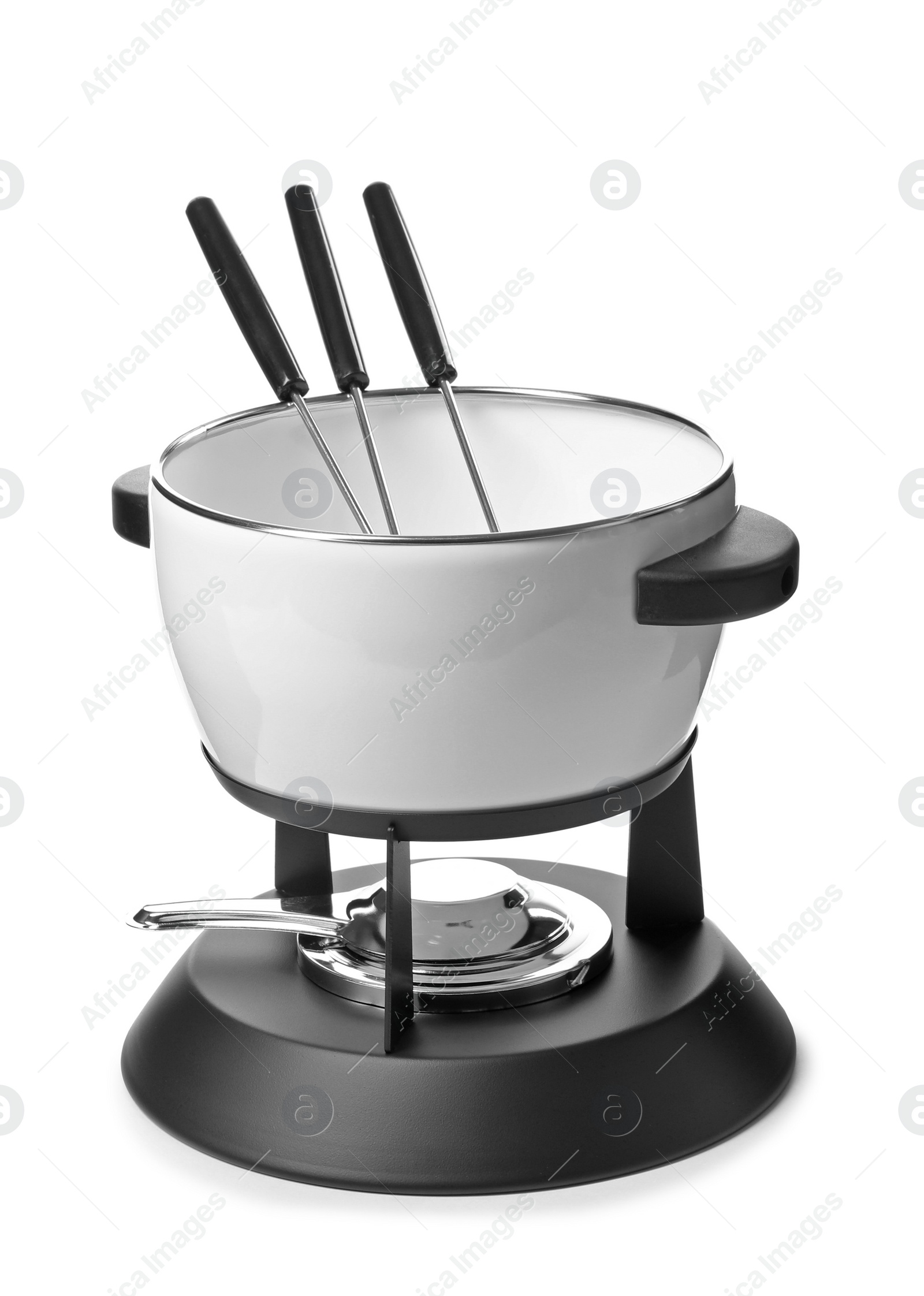 Photo of Modern fondue set on white background. Kitchen equipment