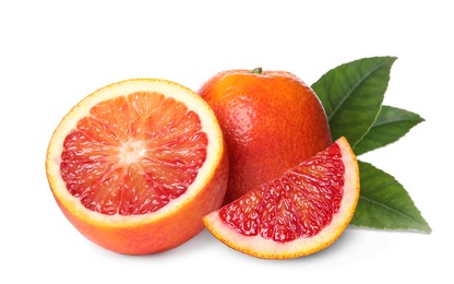 Delicious ripe red oranges on white background