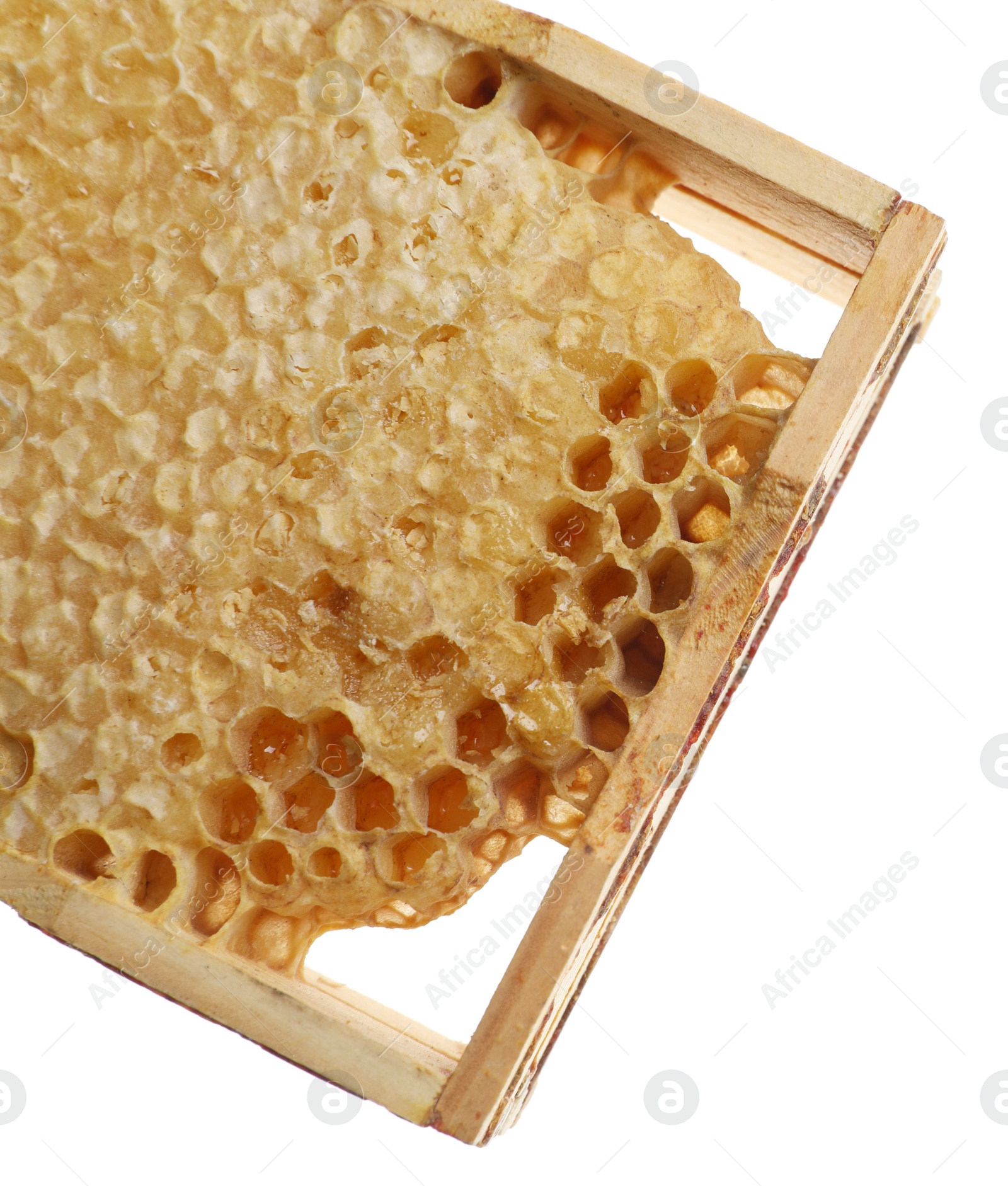 Photo of Wooden hive frame with honeycomb isolated on white, top view. Beekeeping