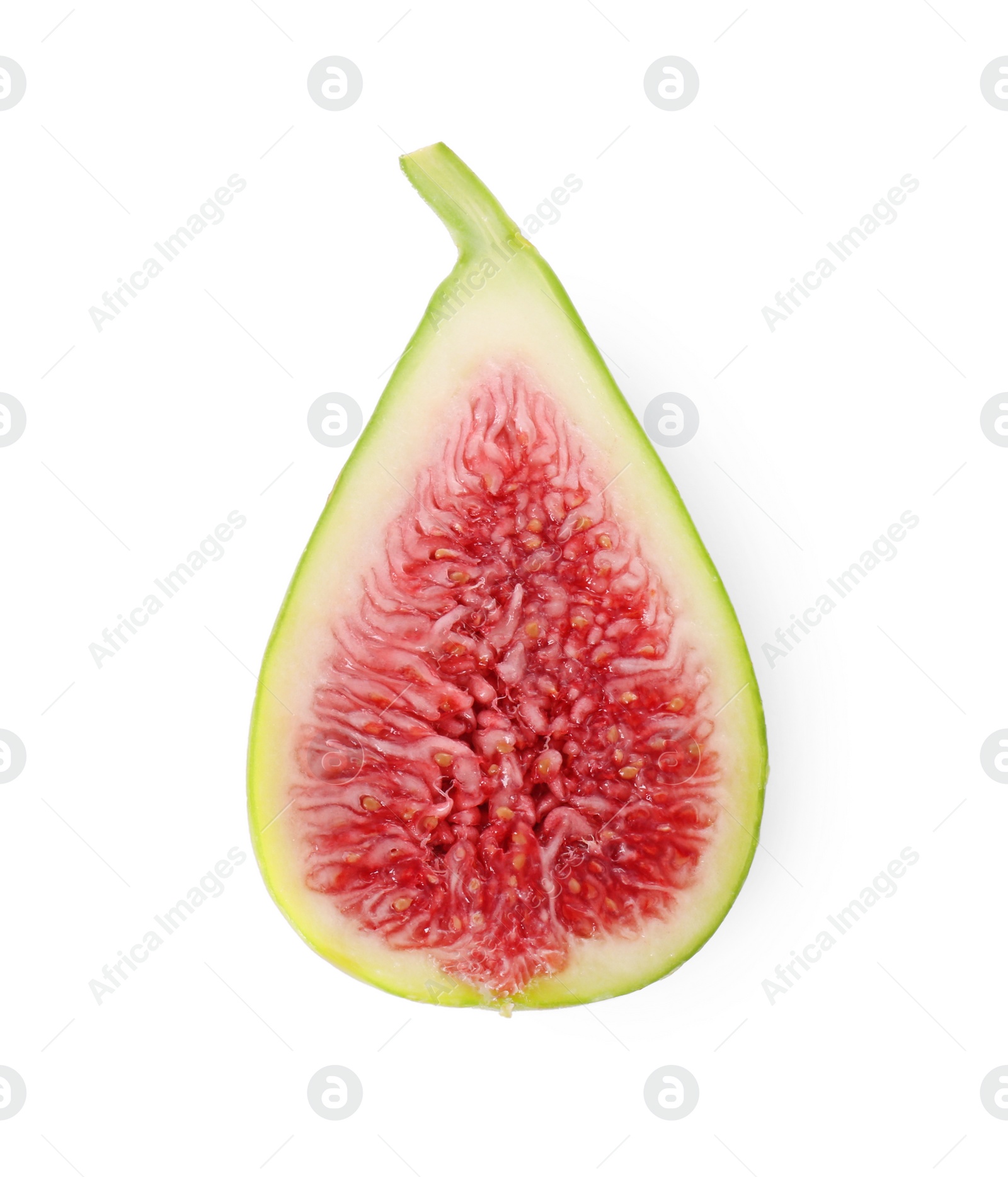 Photo of Half of fresh green fig isolated on white, top view