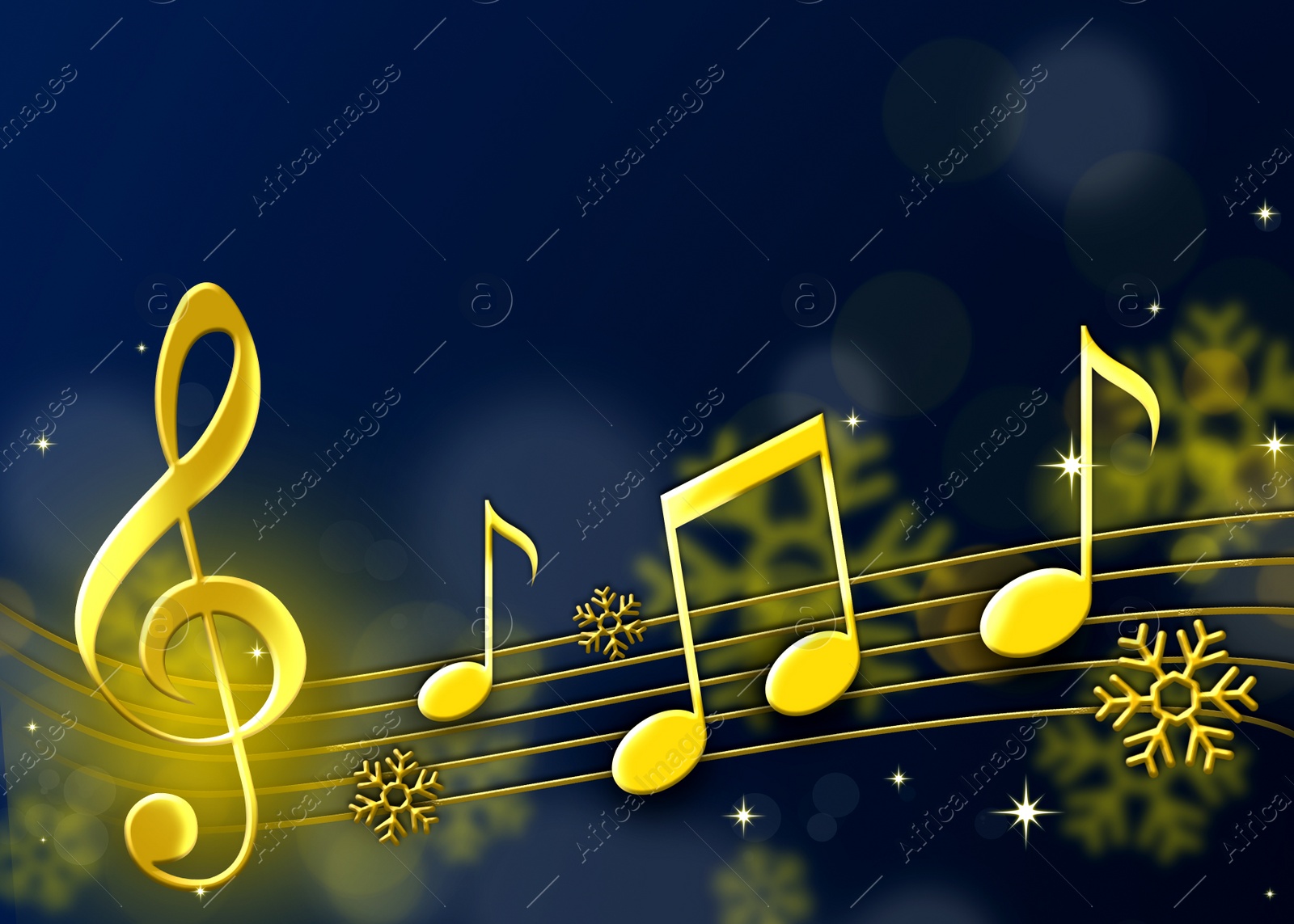 Illustration of Christmas melody. Music notes and snowflakes on blue background, space for text. Illustration design