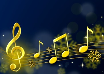 Christmas melody. Music notes and snowflakes on blue background, space for text. Illustration design