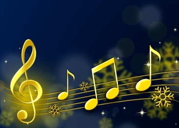 Illustration of Christmas melody. Music notes and snowflakes on blue background, space for text. Illustration design