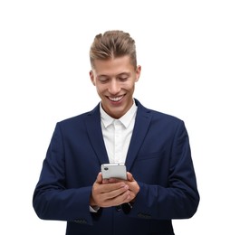 Happy young man sending message via smartphone on white background