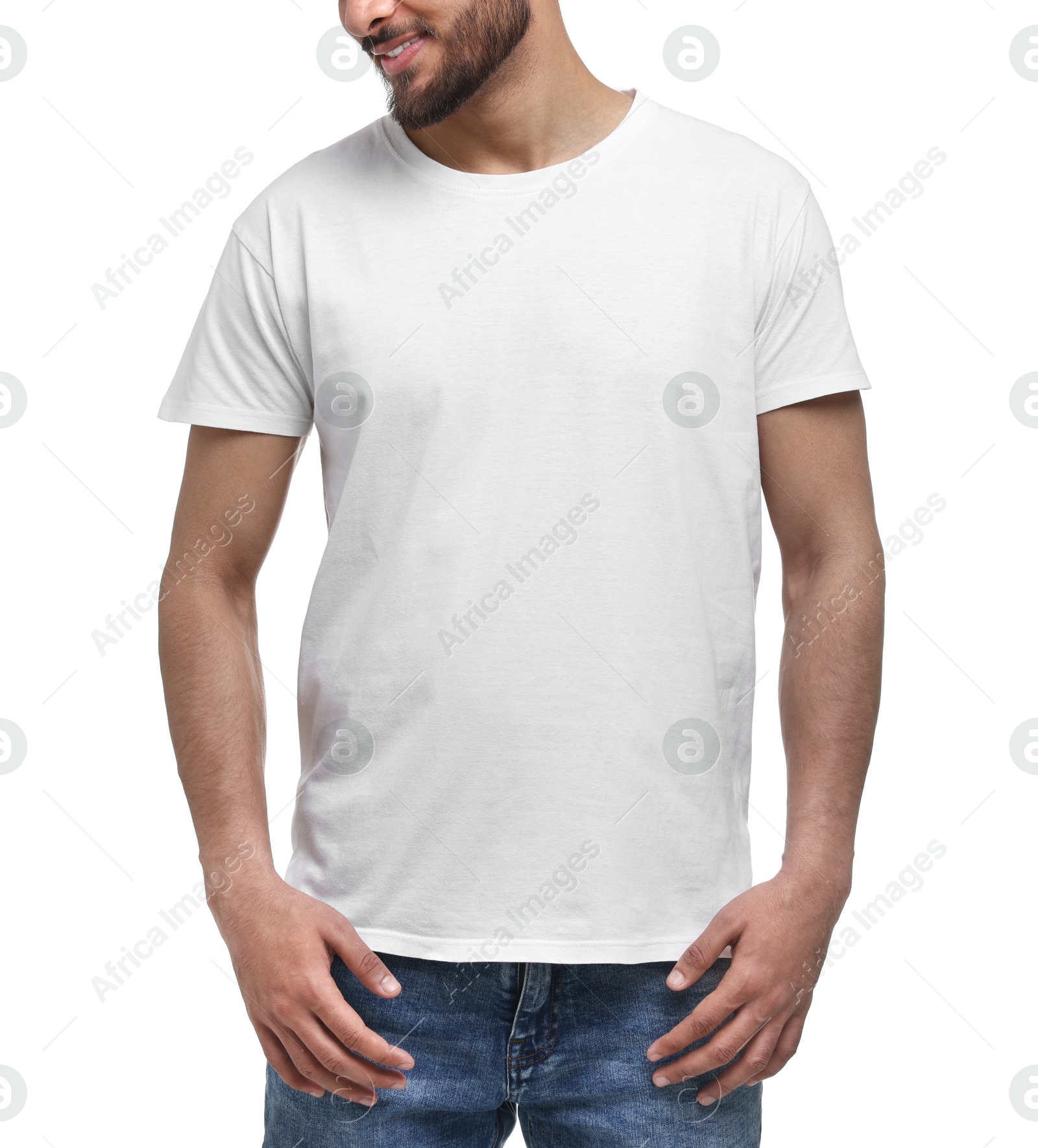 Photo of Smiling man in t-shirt on white background, closeup