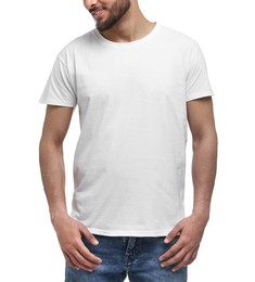 Smiling man in t-shirt on white background, closeup