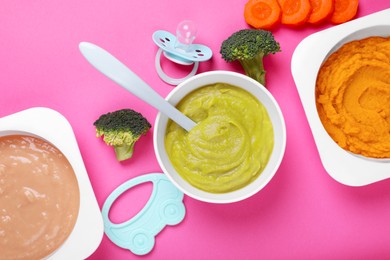 Flat lay composition with healthy baby food on pink background
