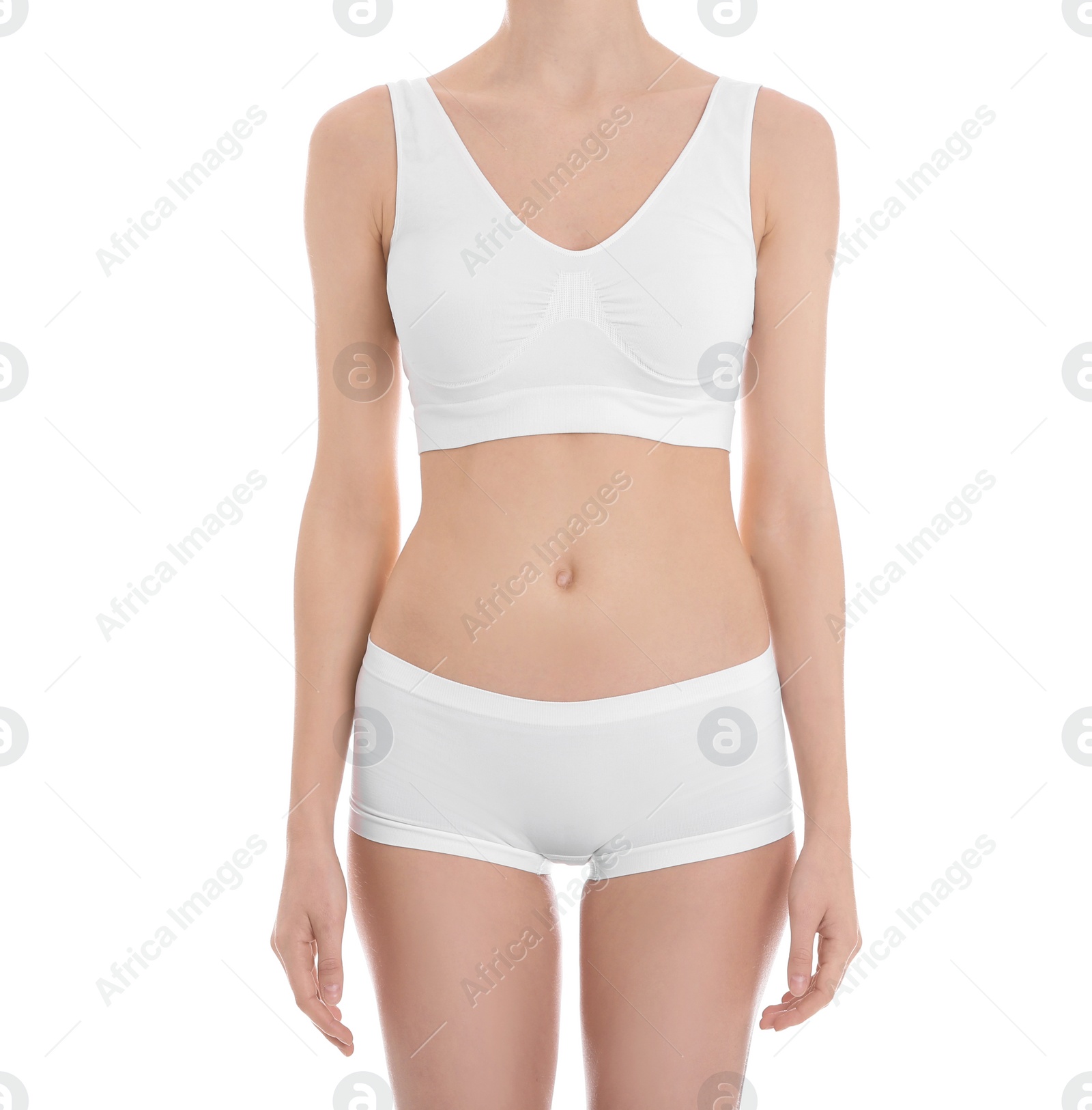 Photo of Young slim woman on white background, closeup. Weight loss