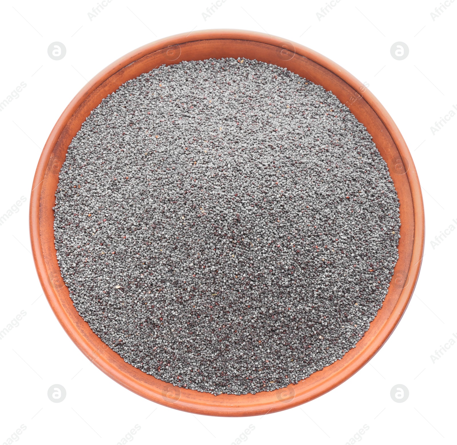 Photo of Poppy seeds in ceramic bowl isolated on white, top view