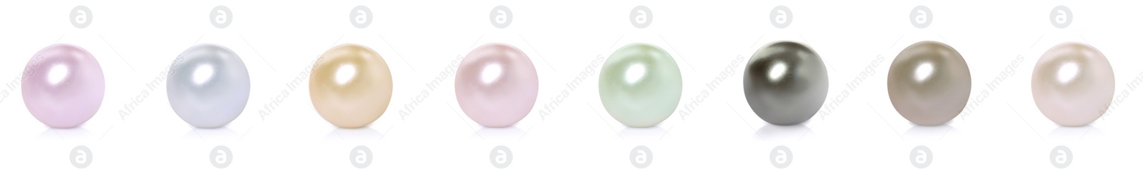 Image of Set with beautiful pearls on white background. Banner design