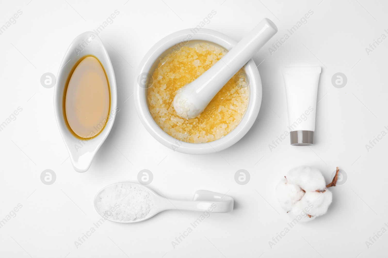 Photo of Homemade effective acne remedy and ingredients on white background