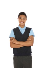 Photo of Portrait of African-American boy in school uniform on white background